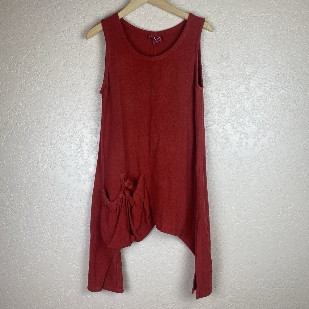 Naturalnie Podlasek M Orange Tunic Dress 100% Linen Boho Lagenlook Artsy Baggy